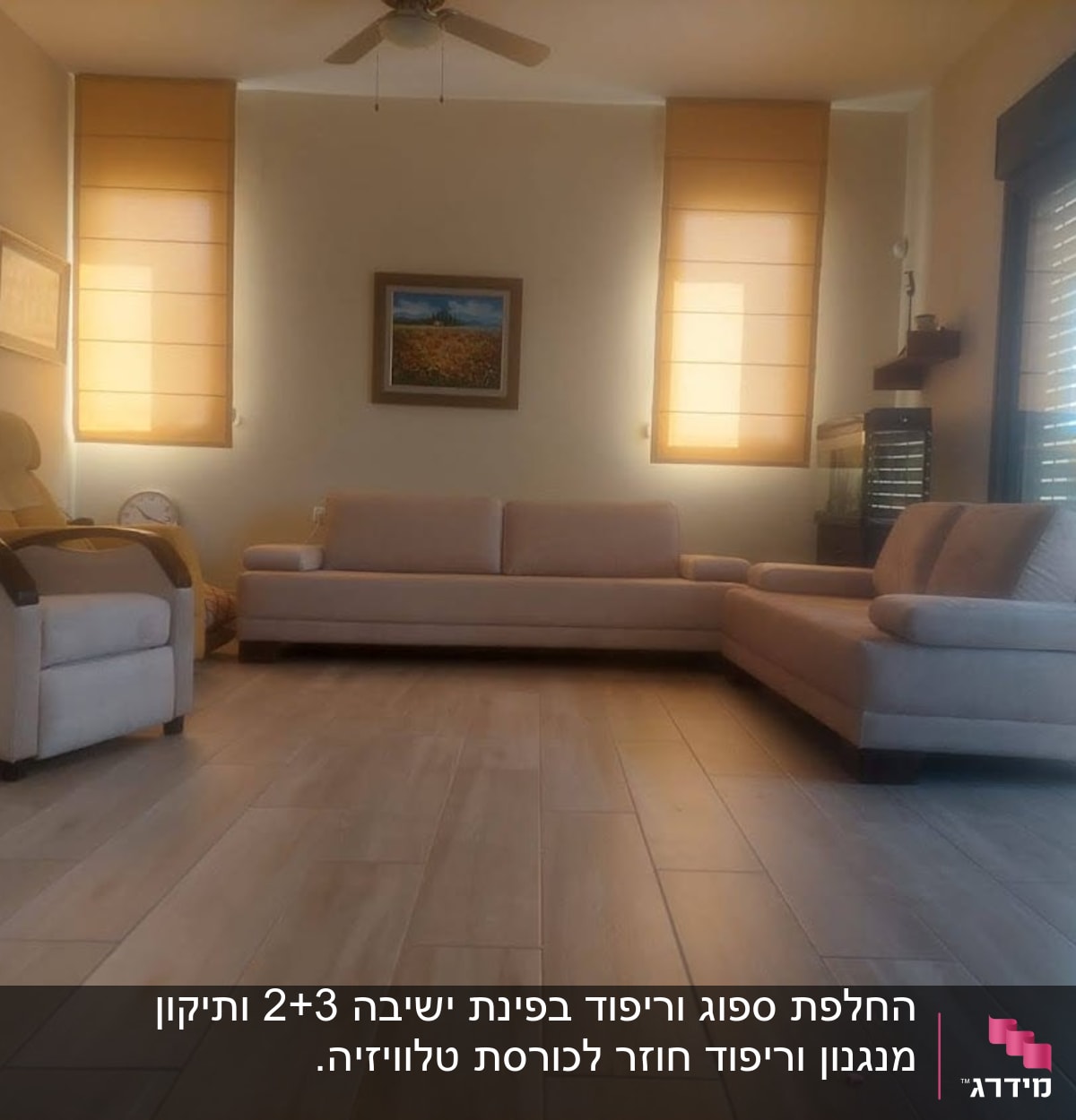 ספות מרופדות בסלון מואר עם רצפת עץ